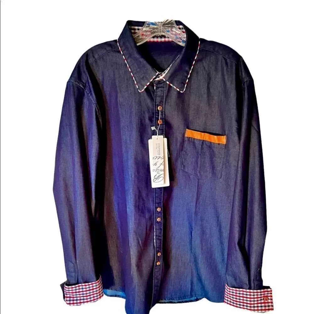 Coofandy Denim Mens Sz XL L/S B/F Leather Trimmed Pocket Wood Button Shirt NWT.